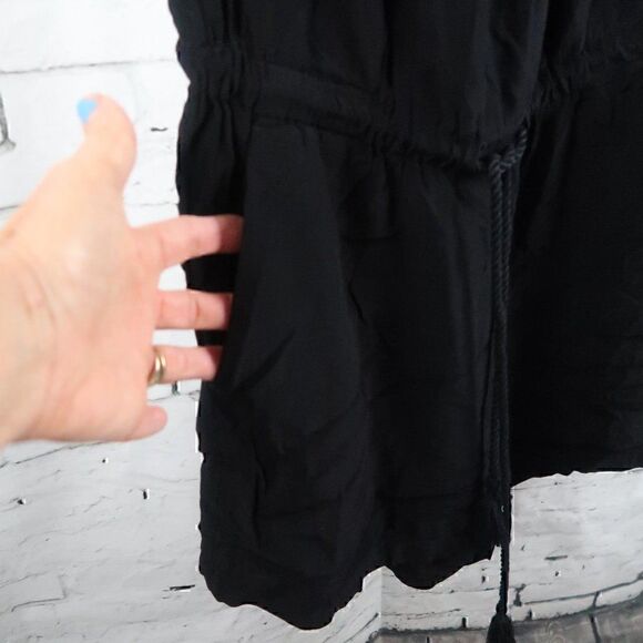 ANN TAYLOR LOFT BLACK SHORT SLEEVE ROUND NECK ROMPER WITH DRAWSTRING WAIST - Picture 6 of 10